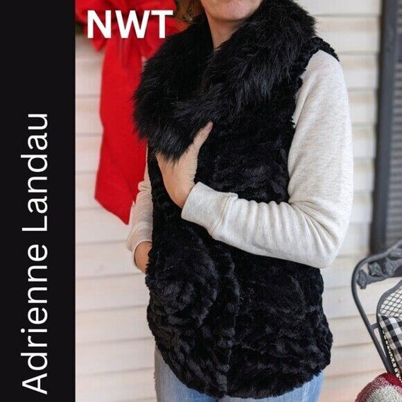NEW Adrienne Landau Black Vest, Faux Fur Collar  w/Shearling Body Size Small - Picture 2 of 12